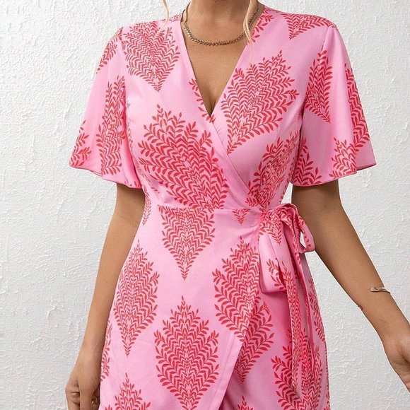 Pink Boho Womens Allover Print Knot Side Wrap Romper - Picture 3 of 5